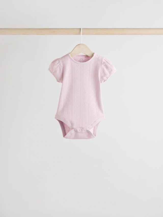 |BabyGirl| Pacote Com 5 Macacões Pointelle Para Bebês, Manga Curta, Tons Pastéis