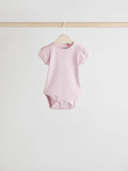 |BabyGirl| Pacote Com 5 Macacões Pointelle Para Bebês, Manga Curta, Tons Pastéis