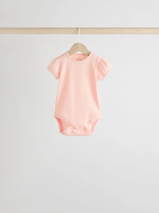 |BabyGirl| Pacote Com 5 Macacões Pointelle Para Bebês, Manga Curta, Tons Pastéis