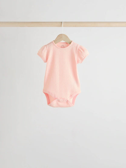 |BabyGirl| Pacote Com 5 Macacões Pointelle Para Bebês, Manga Curta, Tons Pastéis