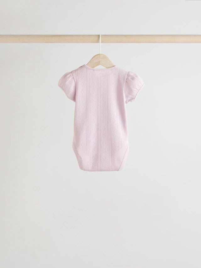 |BabyGirl| Pacote Com 5 Macacões Pointelle Para Bebês, Manga Curta, Tons Pastéis