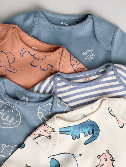 |BabyBoy| Macacão Infantil Safari 100% Algodão Manga Curta Azul Marinho/Marrom Bege, Pacote com 5