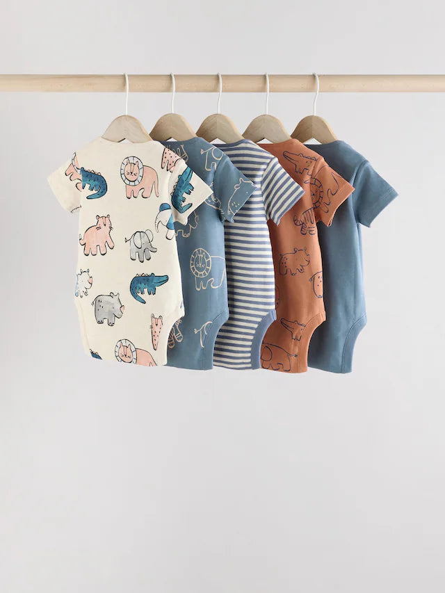 |BabyBoy| Macacão Infantil Safari 100% Algodão Manga Curta Azul Marinho/Marrom Bege, Pacote com 5