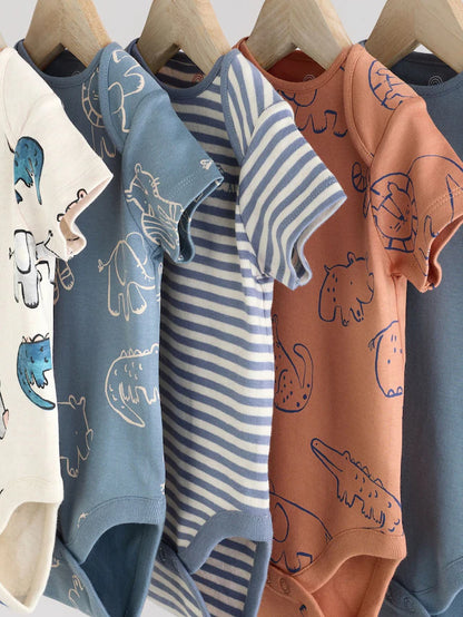 |BabyBoy| Macacão Infantil Safari 100% Algodão Manga Curta Azul Marinho/Marrom Bege, Pacote com 5