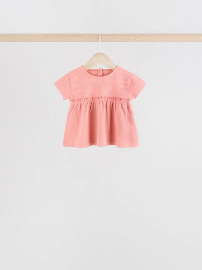 |BabyGirl| Blusa Canelada Manga Curta Azul/Rosa/Branca Para Bebê