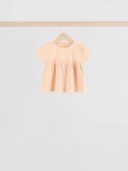 |BabyGirl| Blusa Canelada Manga Curta Azul/Rosa/Branca Para Bebê