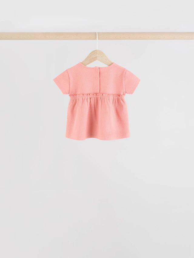 |BabyGirl| Blusa Canelada Manga Curta Azul/Rosa/Branca Para Bebê