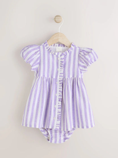 |BabyGirl| Vestido De Bebê Listrado Lilás Roxo/Branco e Conjunto De Calcinha Bloomer (0 meses a 2 anos) -