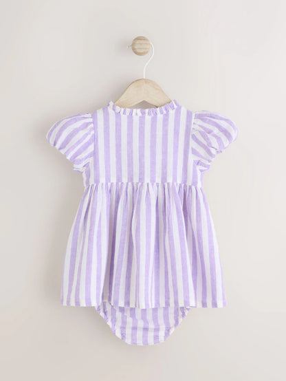 |BabyGirl| Vestido De Bebê Listrado Lilás Roxo/Branco e Conjunto De Calcinha Bloomer (0 meses a 2 anos) -