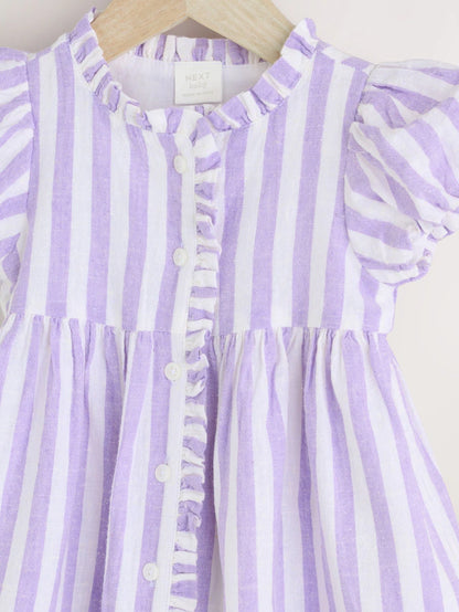 |BabyGirl| Vestido De Bebê Listrado Lilás Roxo/Branco e Conjunto De Calcinha Bloomer (0 meses a 2 anos) -