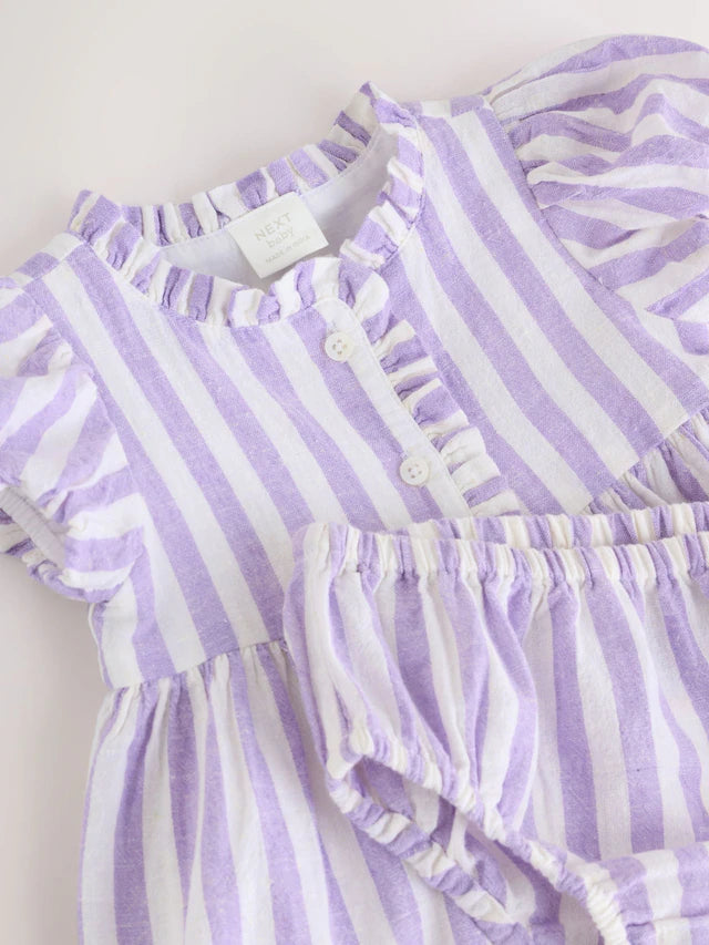 |BabyGirl| Vestido De Bebê Listrado Lilás Roxo/Branco e Conjunto De Calcinha Bloomer (0 meses a 2 anos) -