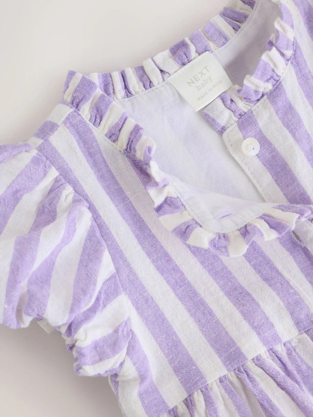 |BabyGirl| Vestido De Bebê Listrado Lilás Roxo/Branco e Conjunto De Calcinha Bloomer (0 meses a 2 anos) -