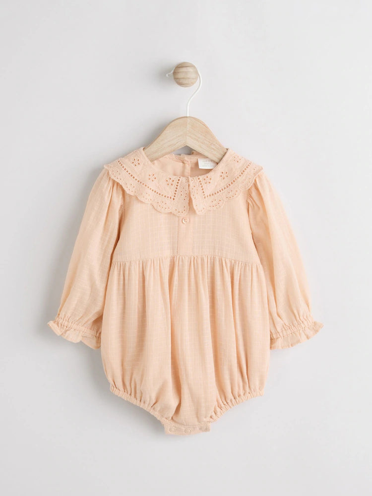 |BabyGirl| Macacão De Bebê Bloomer 100% Algodão, Tecido Rosa Pêssego, Manga Longa (0 meses a 3 anos)