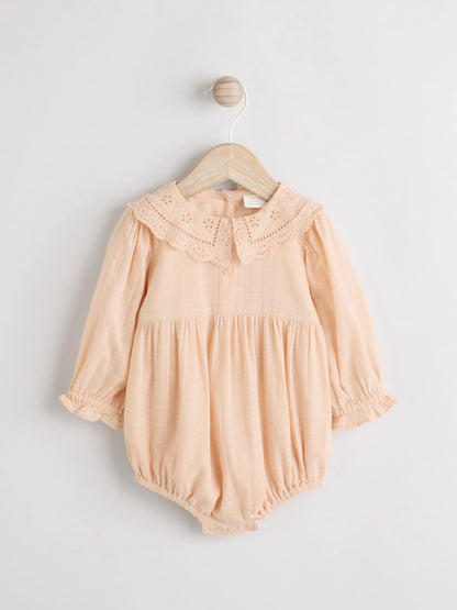 |BabyGirl| Macacão De Bebê Bloomer 100% Algodão, Tecido Rosa Pêssego, Manga Longa (0 meses a 3 anos)