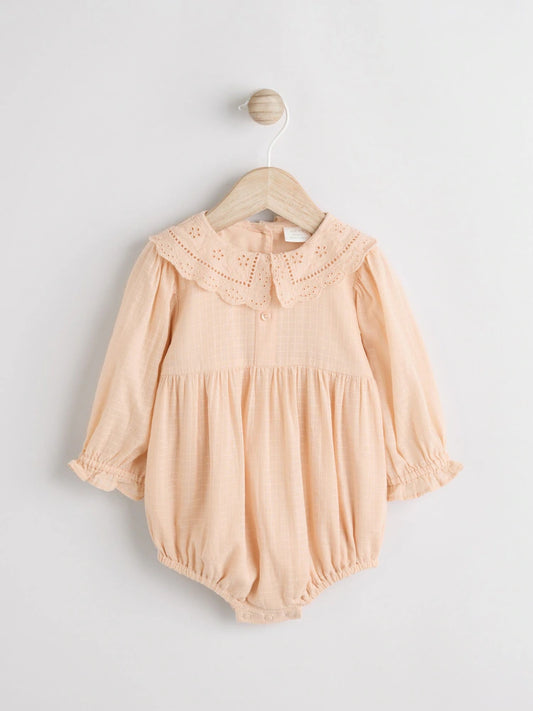 |BabyGirl| Macacão De Bebê Bloomer 100% Algodão, Tecido Rosa Pêssego, Manga Longa (0 meses a 3 anos)