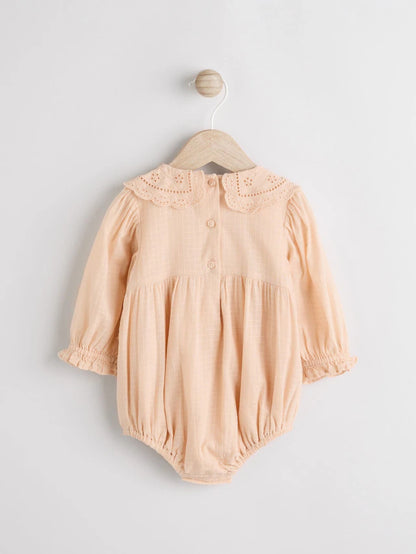 |BabyGirl| Macacão De Bebê Bloomer 100% Algodão, Tecido Rosa Pêssego, Manga Longa (0 meses a 3 anos)