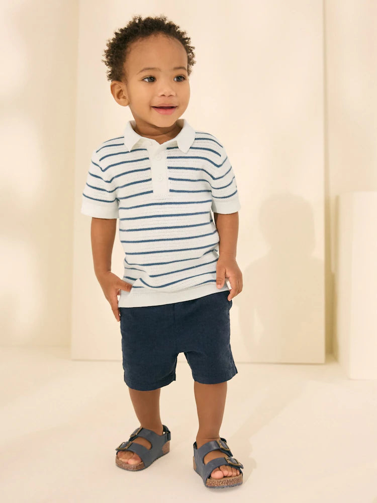 |Boy| Camisa Polo de Tricô 100% Algodão Azul-Marinho/Branca Com Gola de Botões (3 meses a 7 anos)