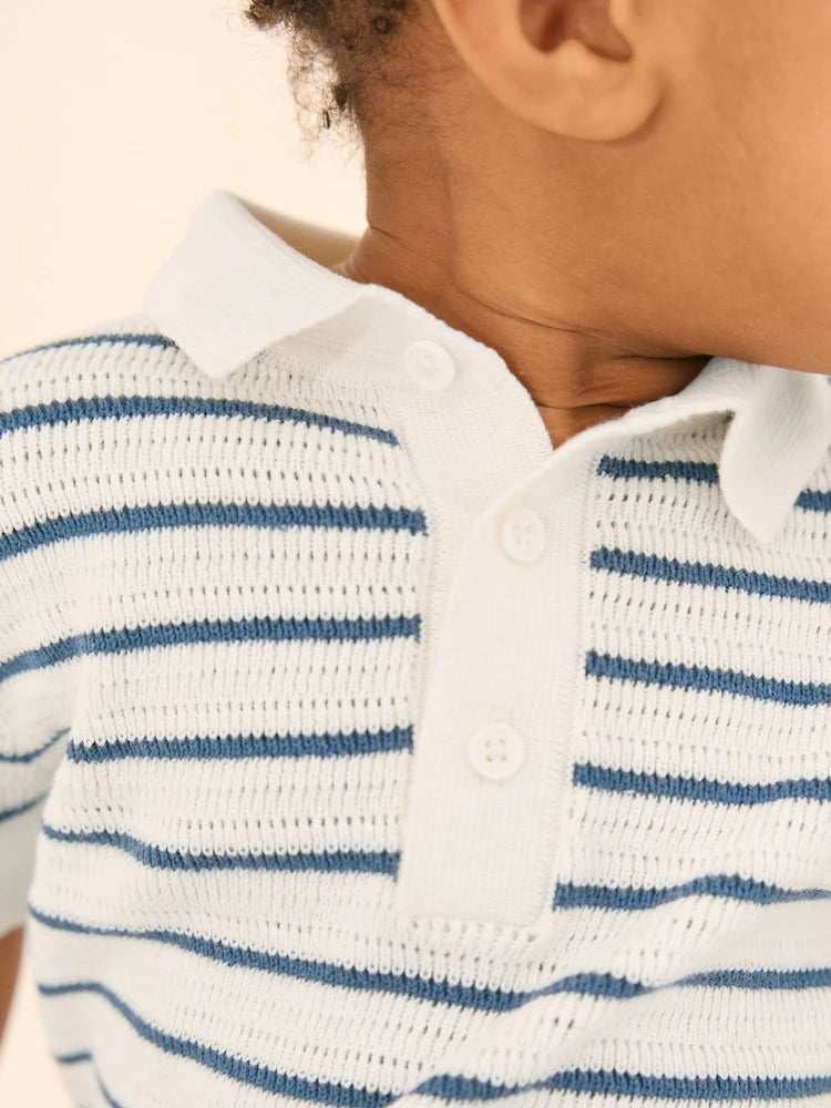 |Boy| Camisa Polo de Tricô 100% Algodão Azul-Marinho/Branca Com Gola de Botões (3 meses a 7 anos)