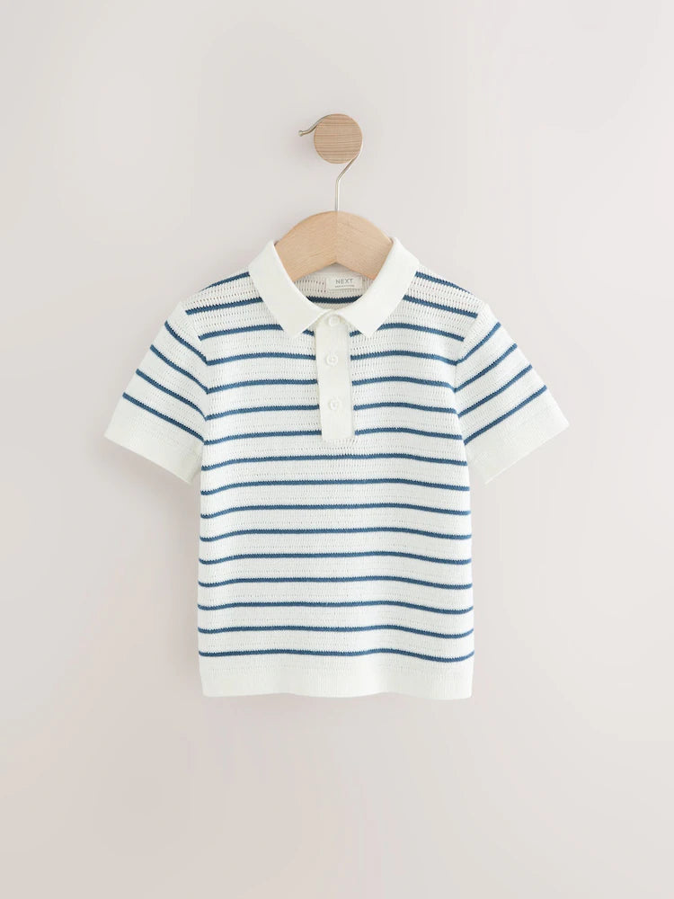 |Boy| Camisa Polo de Tricô 100% Algodão Azul-Marinho/Branca Com Gola de Botões (3 meses a 7 anos)