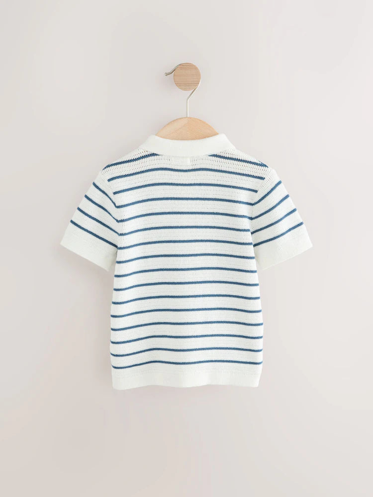 |Boy| Camisa Polo de Tricô 100% Algodão Azul-Marinho/Branca Com Gola de Botões (3 meses a 7 anos)