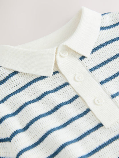 |Boy| Camisa Polo de Tricô 100% Algodão Azul-Marinho/Branca Com Gola de Botões (3 meses a 7 anos)