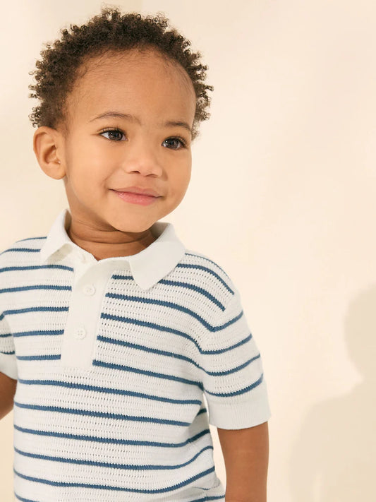 |Boy| Camisa Polo de Tricô 100% Algodão Azul-Marinho/Branca Com Gola de Botões (3 meses a 7 anos)