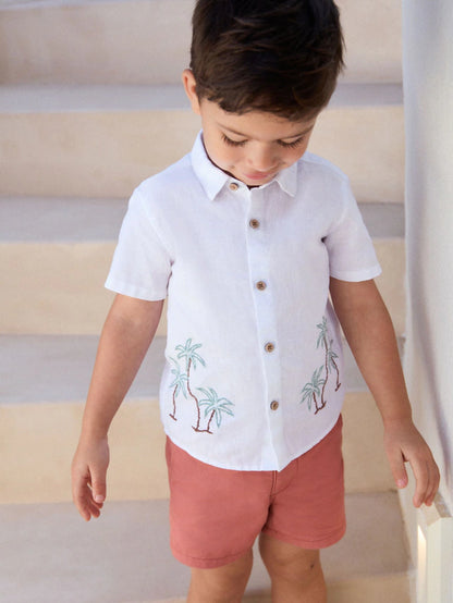 |Boy| Camisa Bordada De Manga Curta Com Palmeira Branca 100% Algodão (3 meses a 7 anos)