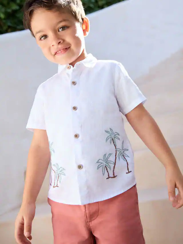 |Boy| Camisa Bordada De Manga Curta Com Palmeira Branca 100% Algodão (3 meses a 7 anos)