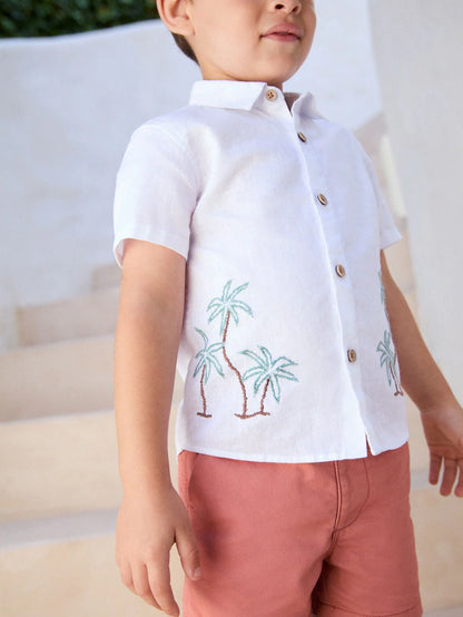 |Boy| Camisa Bordada De Manga Curta Com Palmeira Branca 100% Algodão (3 meses a 7 anos)