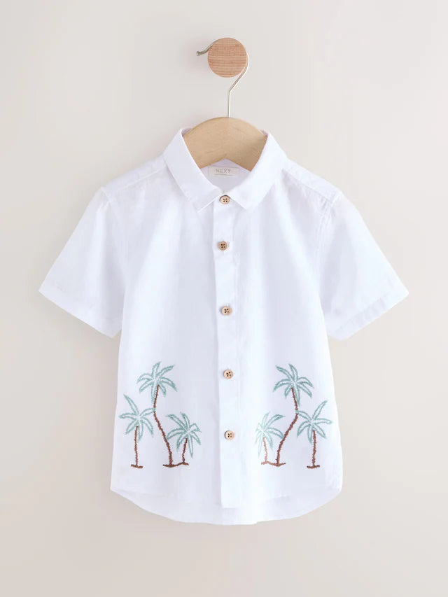 |Boy| Camisa Bordada De Manga Curta Com Palmeira Branca 100% Algodão (3 meses a 7 anos)