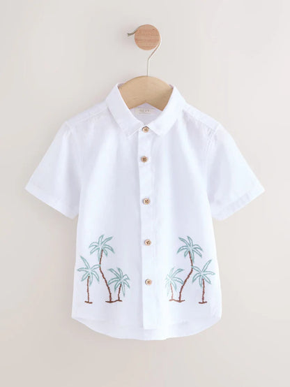 |Boy| Camisa Bordada De Manga Curta Com Palmeira Branca 100% Algodão (3 meses a 7 anos)