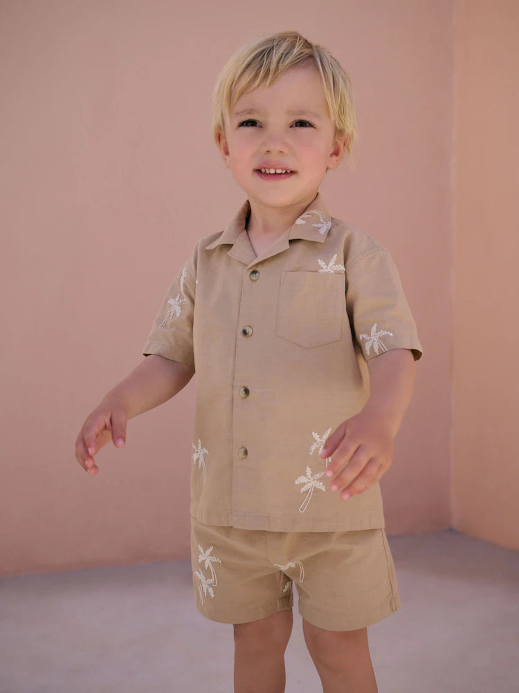 |Boy| Conjunto De Camisa e Shorts 100% Algodão, Textura Marrom, Palma, Manga Curta, Gola reversível