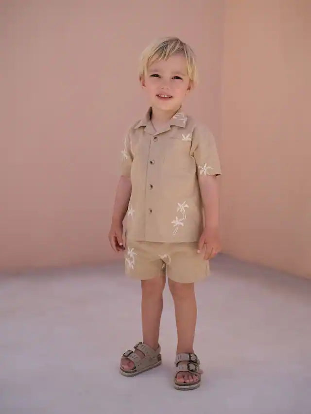 |Boy| Conjunto De Camisa e Shorts 100% Algodão, Textura Marrom, Palma, Manga Curta, Gola reversível