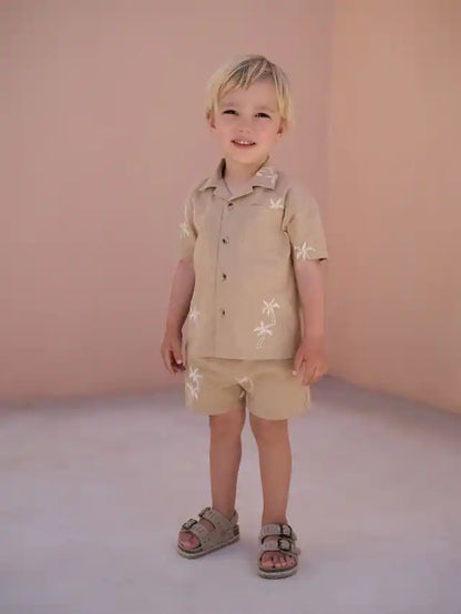 |Boy| Conjunto De Camisa e Shorts 100% Algodão, Textura Marrom, Palma, Manga Curta, Gola reversível
