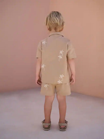 |Boy| Conjunto De Camisa e Shorts 100% Algodão, Textura Marrom, Palma, Manga Curta, Gola reversível