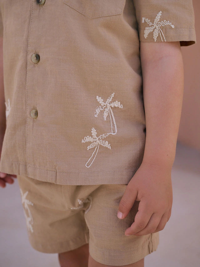 |Boy| Conjunto De Camisa e Shorts 100% Algodão, Textura Marrom, Palma, Manga Curta, Gola reversível