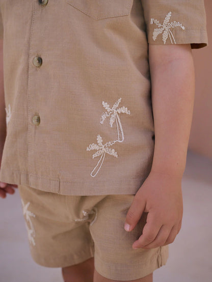 |Boy| Conjunto De Camisa e Shorts 100% Algodão, Textura Marrom, Palma, Manga Curta, Gola reversível