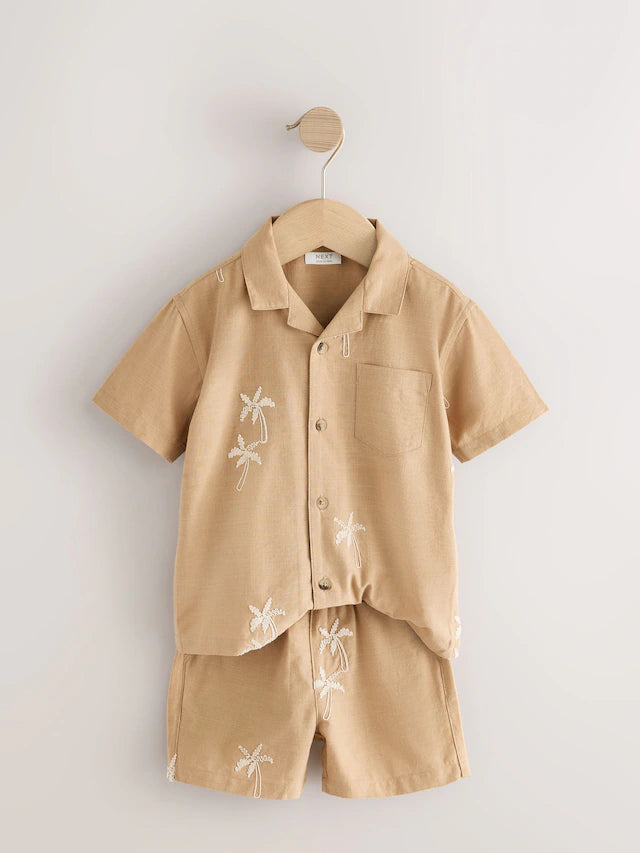 |Boy| Conjunto De Camisa e Shorts 100% Algodão, Textura Marrom, Palma, Manga Curta, Gola reversível