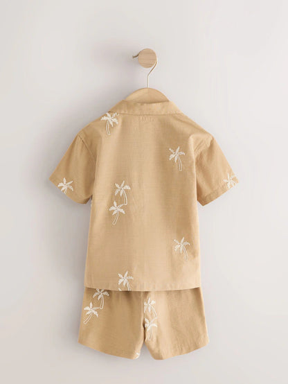 |Boy| Conjunto De Camisa e Shorts 100% Algodão, Textura Marrom, Palma, Manga Curta, Gola reversível