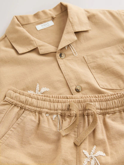 |Boy| Conjunto De Camisa e Shorts 100% Algodão, Textura Marrom, Palma, Manga Curta, Gola reversível