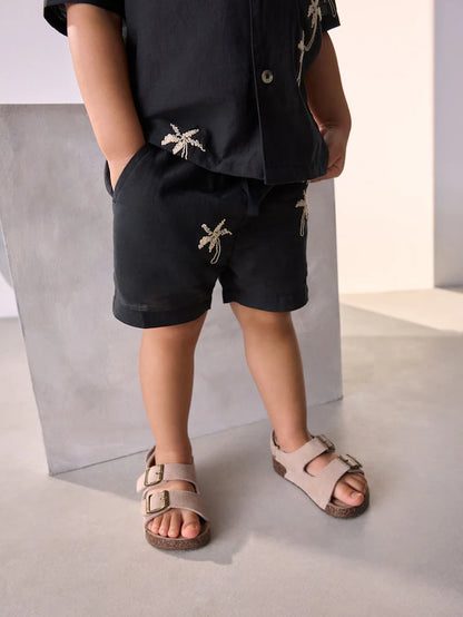 |Boy| Conjunto De Camisa e Shorts 100% Algodão Com Textura De Palma Preta, Mangas Curtas e gola reversível