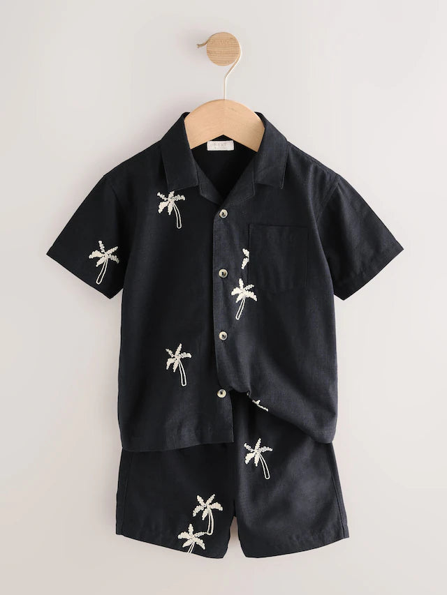 |Boy| Conjunto De Camisa e Shorts 100% Algodão Com Textura De Palma Preta, Mangas Curtas e gola reversível