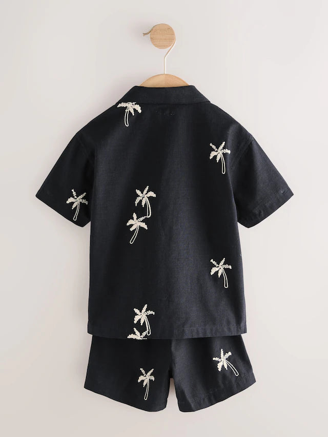 |Boy| Conjunto De Camisa e Shorts 100% Algodão Com Textura De Palma Preta, Mangas Curtas e gola reversível