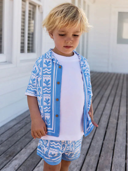 |Boy| Conjunto De Camisa e Shorts Estampados De Manga Curta Blue Tile AOP (3 meses a 7 anos)