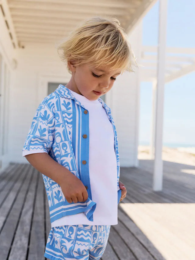 |Boy| Conjunto De Camisa e Shorts Estampados De Manga Curta Blue Tile AOP (3 meses a 7 anos)