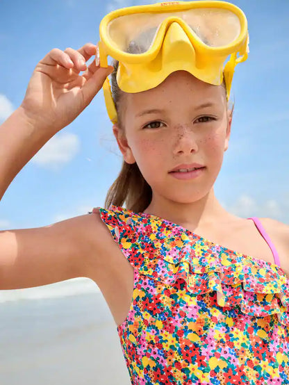 |BigGirl| Maiô Com Babados e Um Ombro Só Com Estampa Floral Brilhante (3-16 anos)