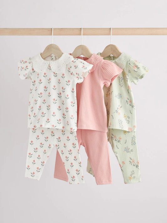 |BabyGirl| Conjunto De 6 Blusas e Leggings Para Bebês Com Estampa Floral Rosa/Verde Salva/Branco