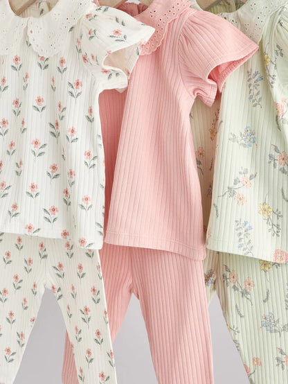 |BabyGirl| Conjunto De 6 Blusas e Leggings Para Bebês Com Estampa Floral Rosa/Verde Salva/Branco