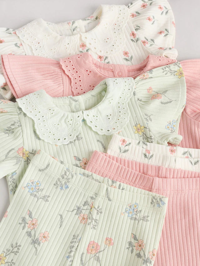 |BabyGirl| Conjunto De 6 Blusas e Leggings Para Bebês Com Estampa Floral Rosa/Verde Salva/Branco