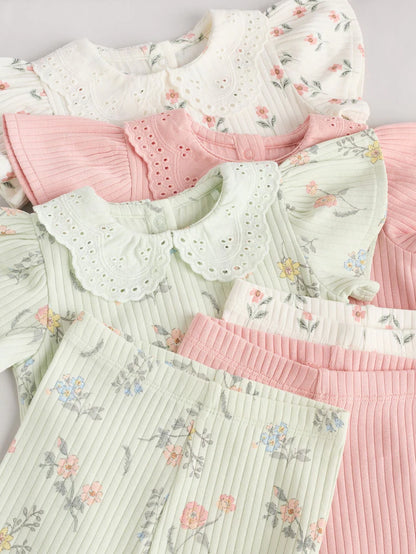 |BabyGirl| Conjunto De 6 Blusas e Leggings Para Bebês Com Estampa Floral Rosa/Verde Salva/Branco